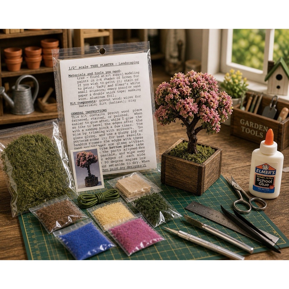 Vintage 1:24 Dollhouse Miniature Tree Planter DIY Kit Moss Wood Garden Set NOS